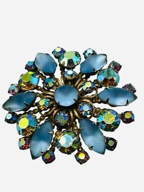 Vintage Frosted Blue Glass AB Rhinestone Brooch